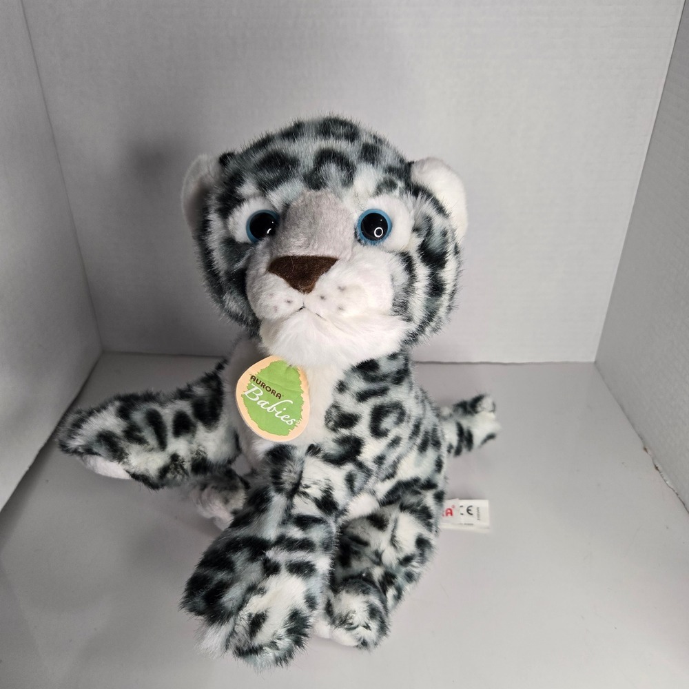 Aurora Babies Stuffed Plush Snow leopard Cub Spots Crouching Blue Eyes Toy 11"